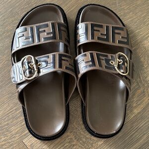 Fendi Black and Brown Logo Slide Sandals